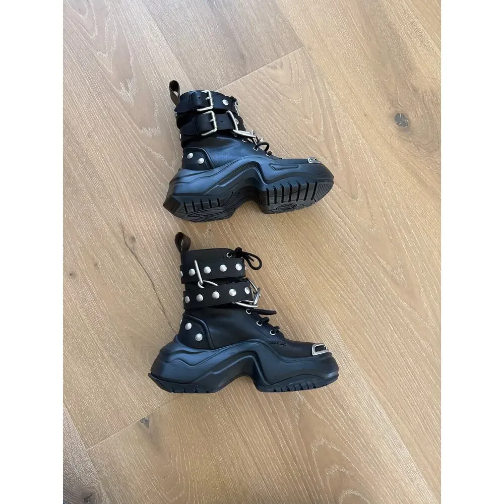 Louis Vuitton Leather Studded Accents Combat Boots w Chains Size 37 Black Silver